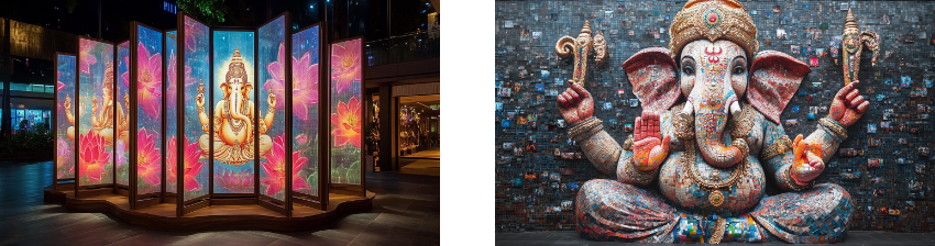 Two-part image: the left side features a modern art installation with multiple illuminated panels arranged in a semi-circle, each displaying vibrant digital artwork of Ganesha seated on a lotus against a starry backdrop. The right side showcases a large, mosaic-style Ganesha mural composed of numerous small, colorful tiles, creating a striking, textured appearance on a dark brick wall, blending traditional iconography with contemporary art techniques.