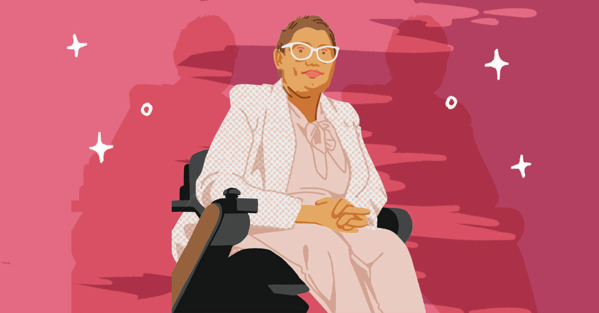 An illustration of Daphne Frias: A Latina woman with short brown hair, in a wheelchair