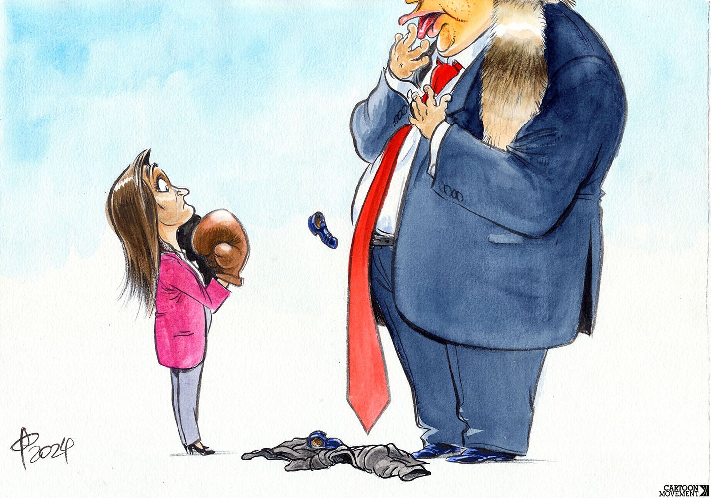 Cartoon showing a giant Trump smacking his mouth and licking his fingers while empty clothes lie on the floor. A much smaller Nikki Haley, wearing boxing gloves, is looking up at Trump with an apprehensive look on her face.