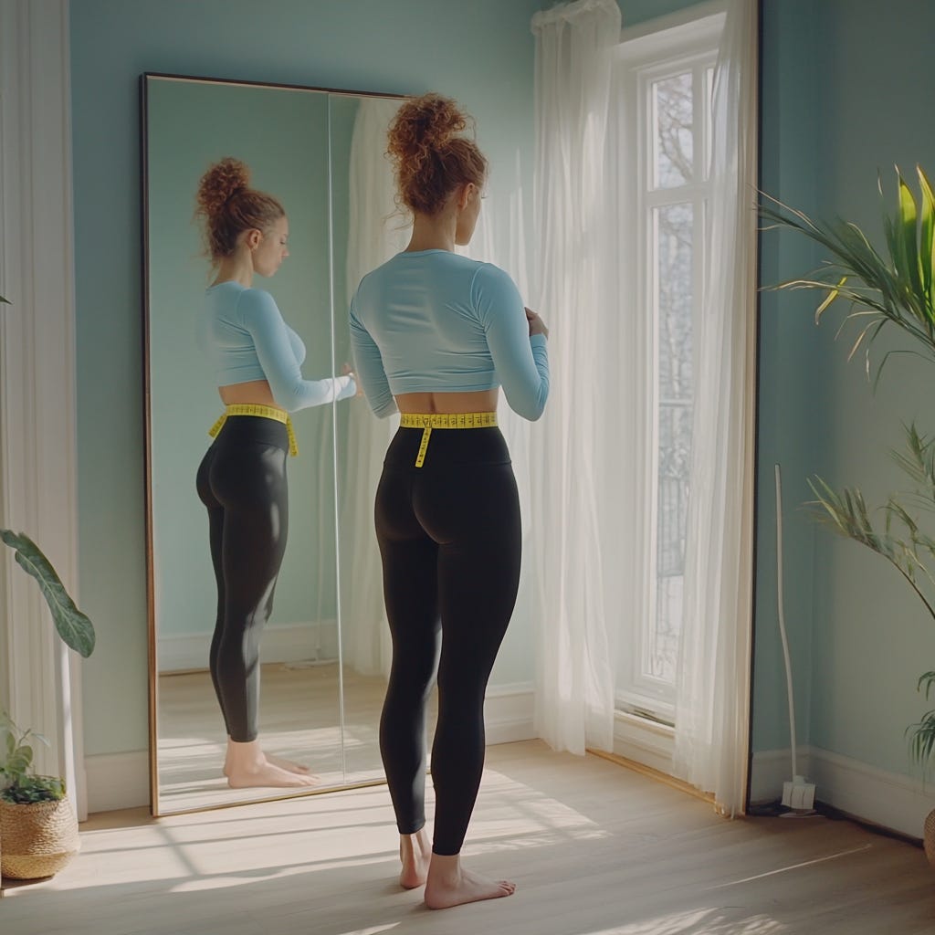 Fit woman wearing light blue shirt and black leggings measuring her waistline with a tape-measure in front of a mirror in a bright room.