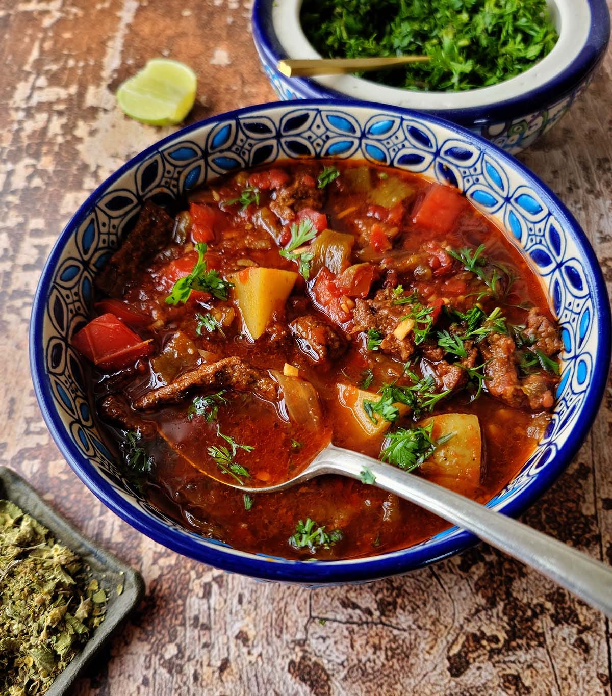 A bolw of caldillo de carne seca with cilantro and Mexican oregano alongside. 