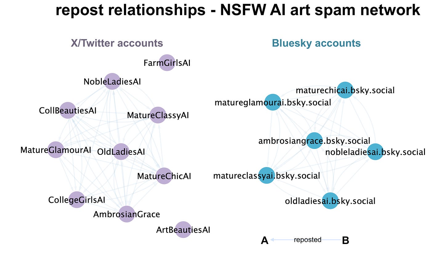 network diagram showing the repost relationships between the spam accounts