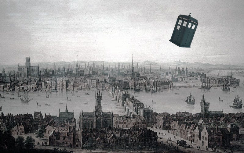 A Tardis flying in the sky over 17th century London