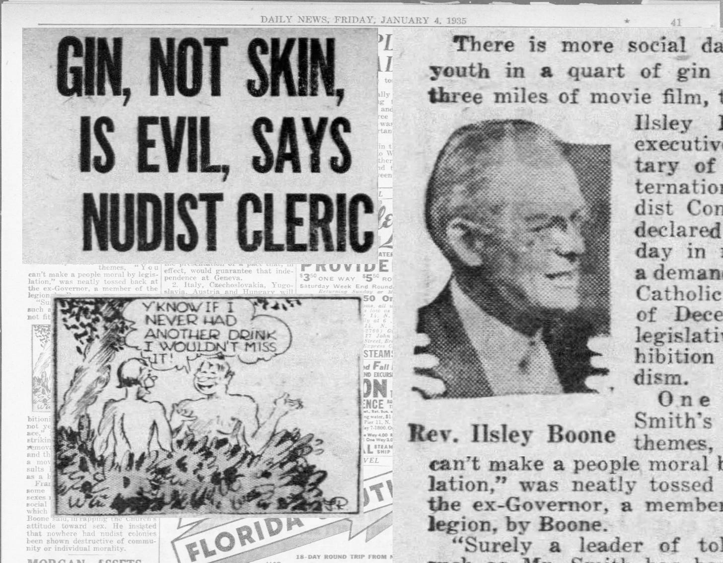 "Gin, not skin, is evil, says nudist cleric" Daily News 1935 January 4 page 563