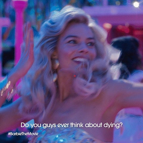 Imagem do filme da Barbie durante uma sequência de dança em que ela pergunta: Vocês já pensaram sobre a morte?