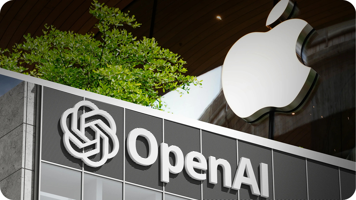 Los logotipos de Apple y OpenAI en la fachada de sus oficinas