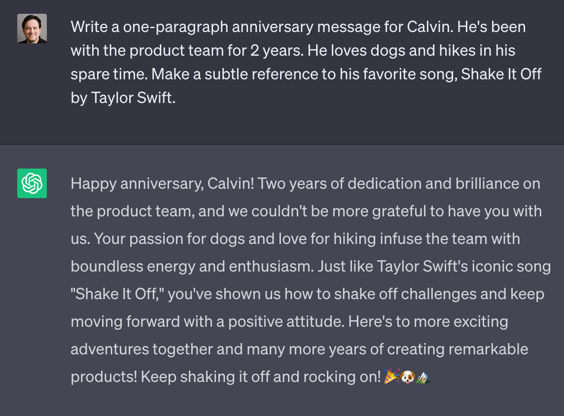 An AI-generated anniversary message for a team member
