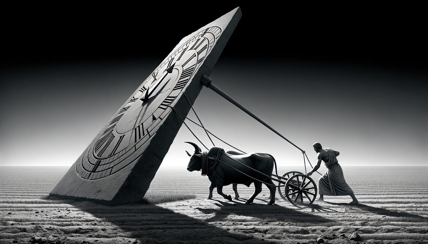 An ancient farmer plowing a field. Beside him, a huge obelisk is tilted, casting a long shadow like the gnomon of a sundial. The farmer is dressed in simple, ancient clothing, using a traditional plow drawn by oxen. The scene is set in a vast, open field under a clear blue sky, with the sun casting strong, defined shadows.