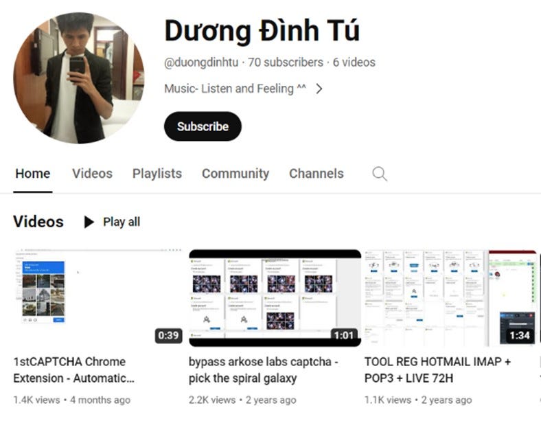 Screenshot of Duong Dinh Tu's YouTube profile