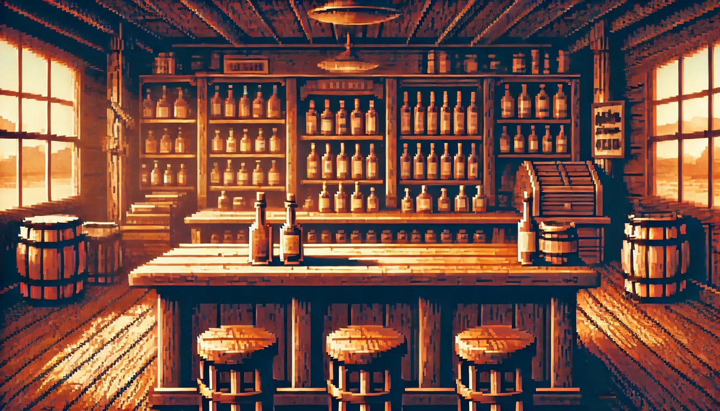 A pixel art scene in a 1980s frontier adventure style. The interior of an Old West bar with a wooden counter in the foreground. The background is filled with shelves stocked with numerous unlabeled bottles, varying in shapes and colors. The lighting is warm, creating a cozy yet mysterious atmosphere. The setting evokes a sense of rugged charm and history. The image is in a 16x9 aspect ratio. No text.