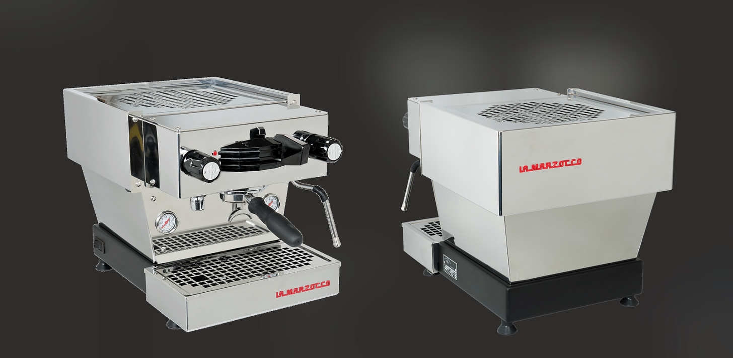 A front and back view of a silver countertop espresso machine.