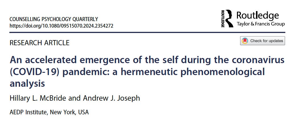 a screenshot of the title and author list from the paper under consideration. "An accelerated emergence of the self during the coronavirus (COVID-19) pandemic: a hermeneutic phenomenological analysis