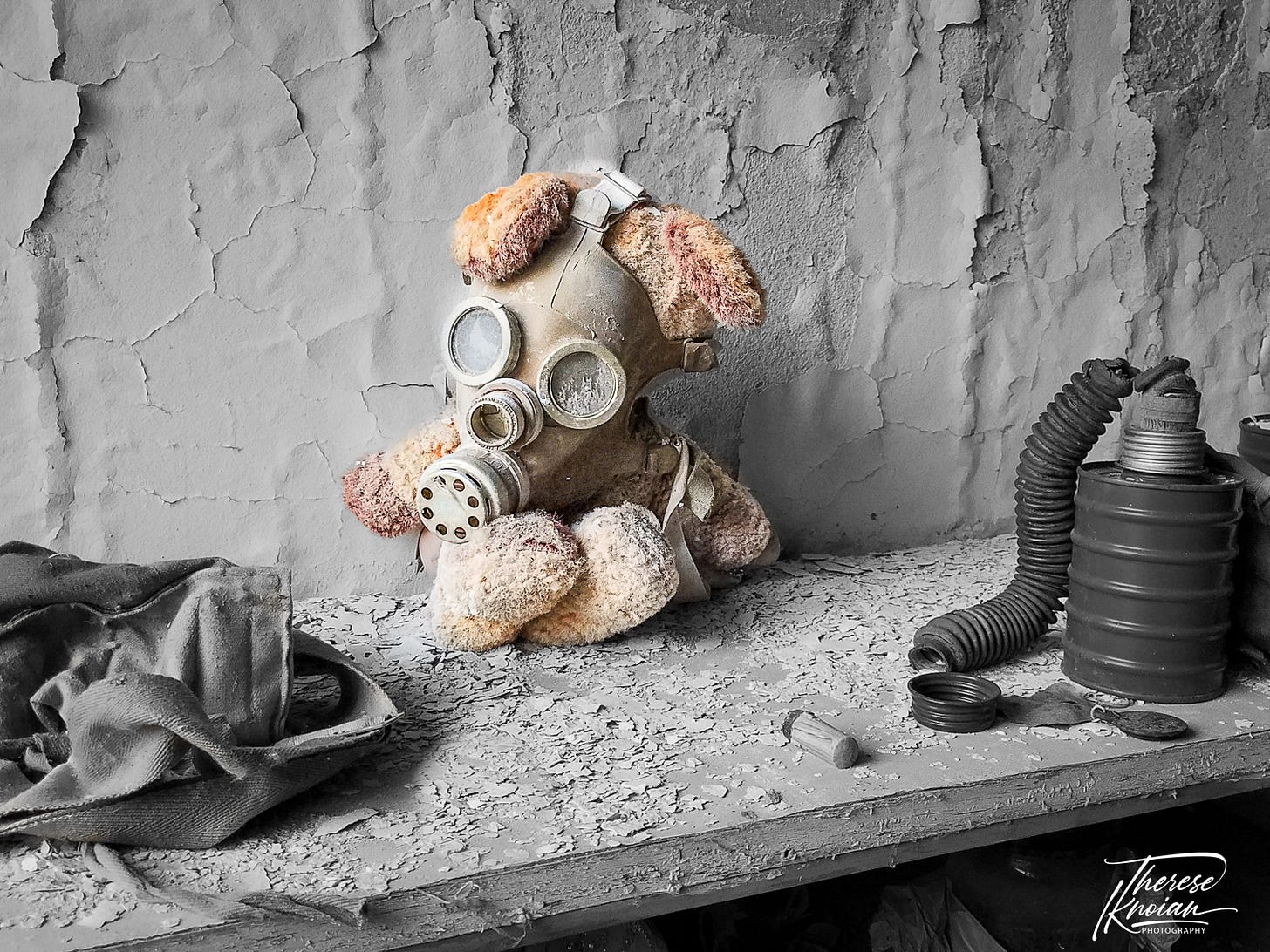 Photo of a stuffed children's toy wearing a gas mask in Chernobyl