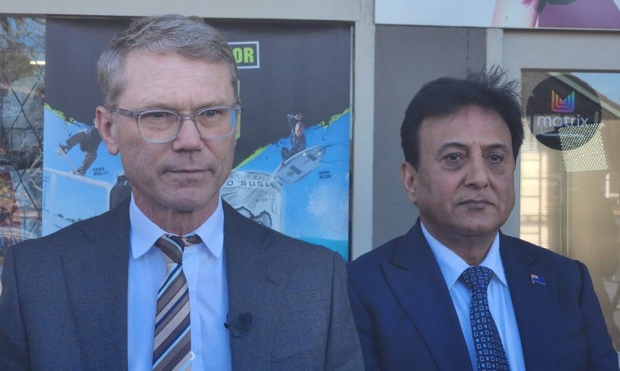 Justice Minister Paul Goldsmith and Dairy & Business Owners Group chair and Crime Prevention Group president Sunny Kaushal who has just been appointed to chair the new advisory group on retail crime.