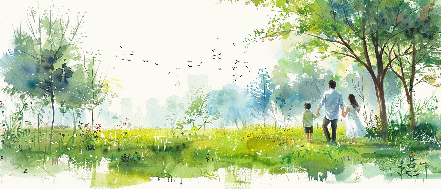 A serene watercolor painting shows a family of three holding hands as they walk through a sunlit meadow. Tall trees, colorful flowers, and flying birds add to the peaceful scene, while a faint city skyline is visible in the background through the haze.