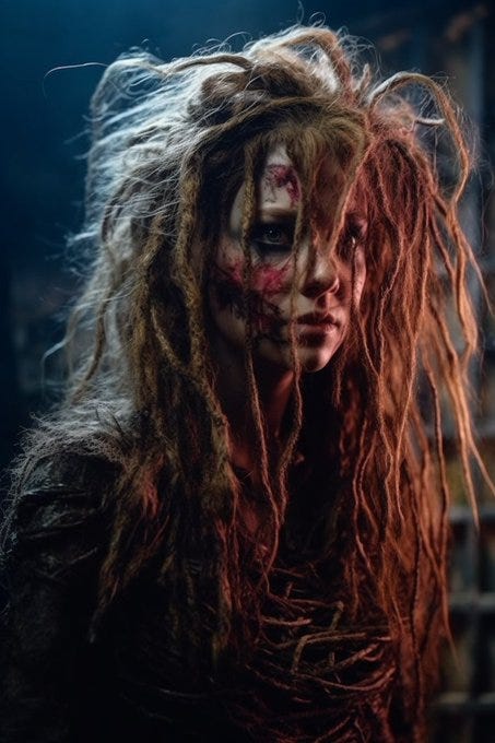 Zombie Rapunzel trapped in a decaying, haunted tower with red eyes and striking, endless, tangled hair, using her frayed, zombified hair as a deadly weapon against approaching intruders, hyperrealistic, 8k Ultra HD --v 5 --q 2 --s 1000 --ar 2:3