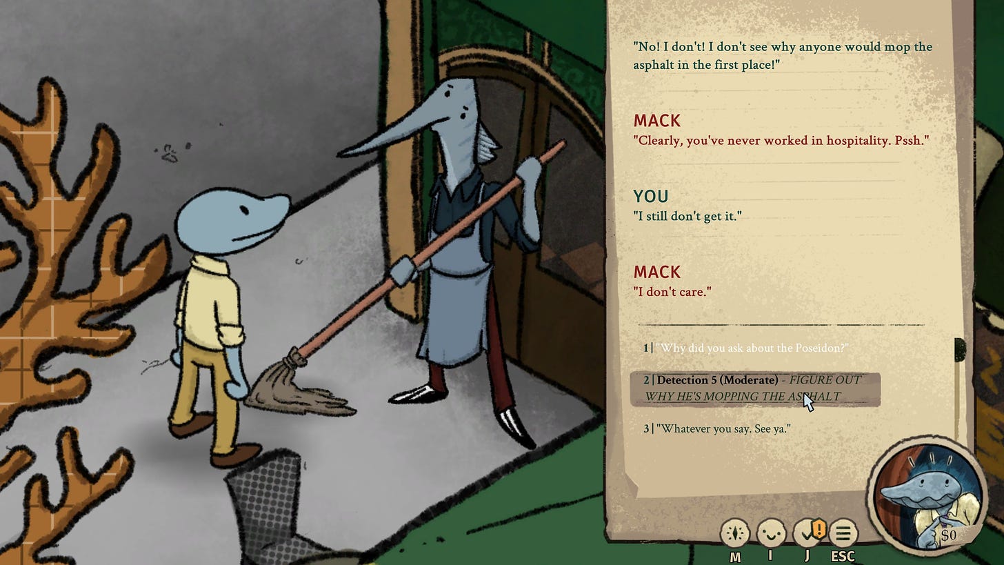 A screenshot of the upcoming game Clam Man 2: Headliner showing a swordfish mopping the asphalt in dialogue with Clam Man.