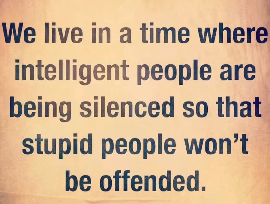 May be an image of text that says 'We live in a time where intelligent people are being silenced so that stupid people won't be offended.'