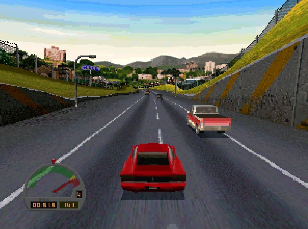 A screenshot of the behind-the-car camera view in The Need for Speed, on the highway, featuring a bunch of cars along the road that look more and more like Cybertrucks the further away they get.