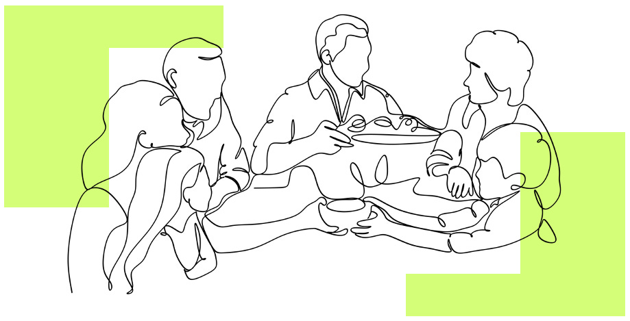 A group of people gathered around a table, enjoying each other’s company. The image is framed with a soft green highlight, emphasizing a warm, inviting atmosphere. Line drawing created by Yurii AdobeStock_678691422