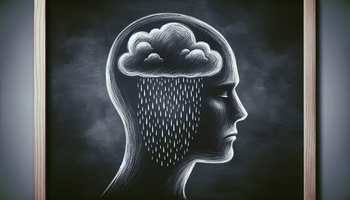 A metaphorical image of a person experiencing depression, similar to a chalk drawing. The image should depict a person's head with a storm cloud and rain inside where the brain should be, symbolizing emotional turmoil and sadness. The overall aesthetic should be somber and introspective, with muted colors. The background should be dark and minimalistic to emphasize the metaphorical elements.