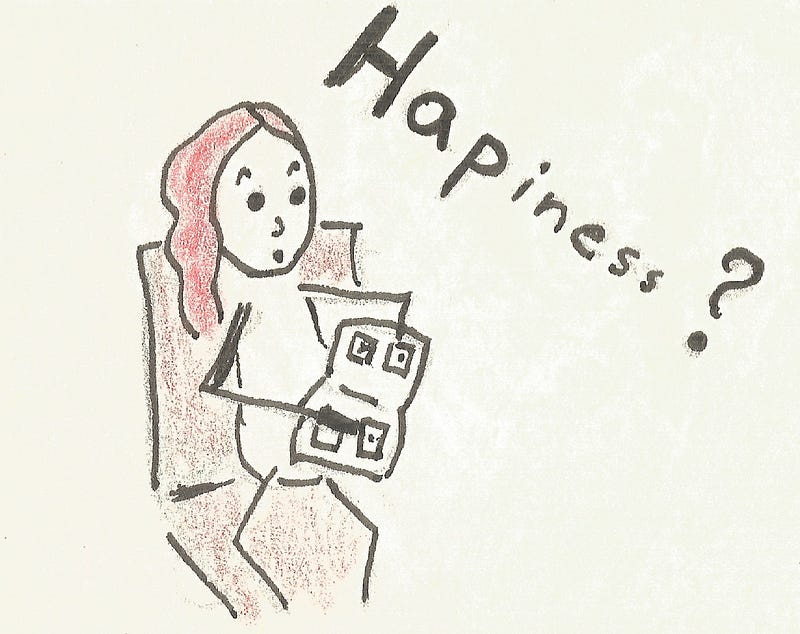 A drawn comic panel representing a girl looking at her art book saying “happiness?”