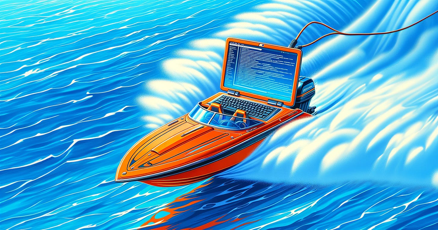An orange speedboat with a large laptop for an engine