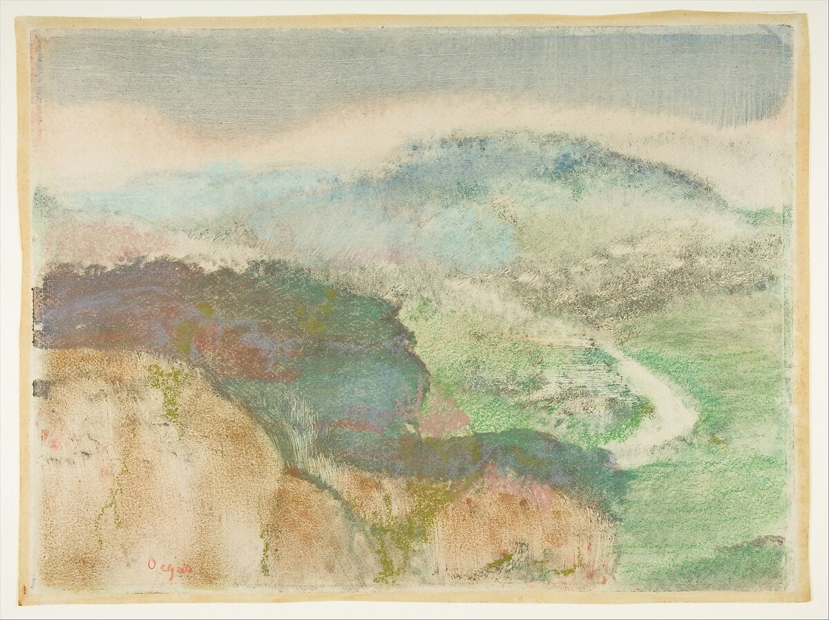 Landscape, Edgar Degas (French, Paris 1834–1917 Paris), Monotype in oil colors, heightened with pastel 