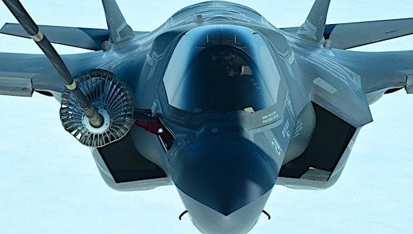 A U.S. Marine Corps pilot lines up a F-35B Lightning II to refuel from a KC-10 Extender, assigned to the 305th Air Mobility Wing at Joint Base McGuire-Dix-Lakehurst, N.J., July 4, 2020. The F-35B is part of a formation of military aircraft that flew over Boston, New York City, Philadelphia, Baltimore and Washington D.C. during a Salute to America event that celebrated the nation’s 244th birthday and provided the DoD an opportunity to demonstrate the capabilities and professionalism of the Armed Forces. (U.S. Air Force photo by Senior Airman Briana Cespedes)