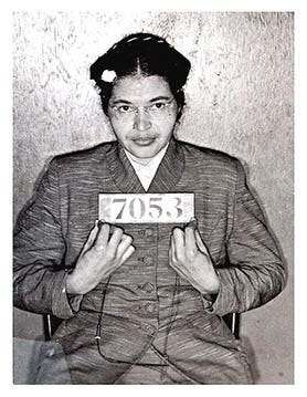 Rosa Parks’ booking photo following her February 1956 arrest during the Montgomery Bus Boycott (her second arrest, this time alongside many other protestors)