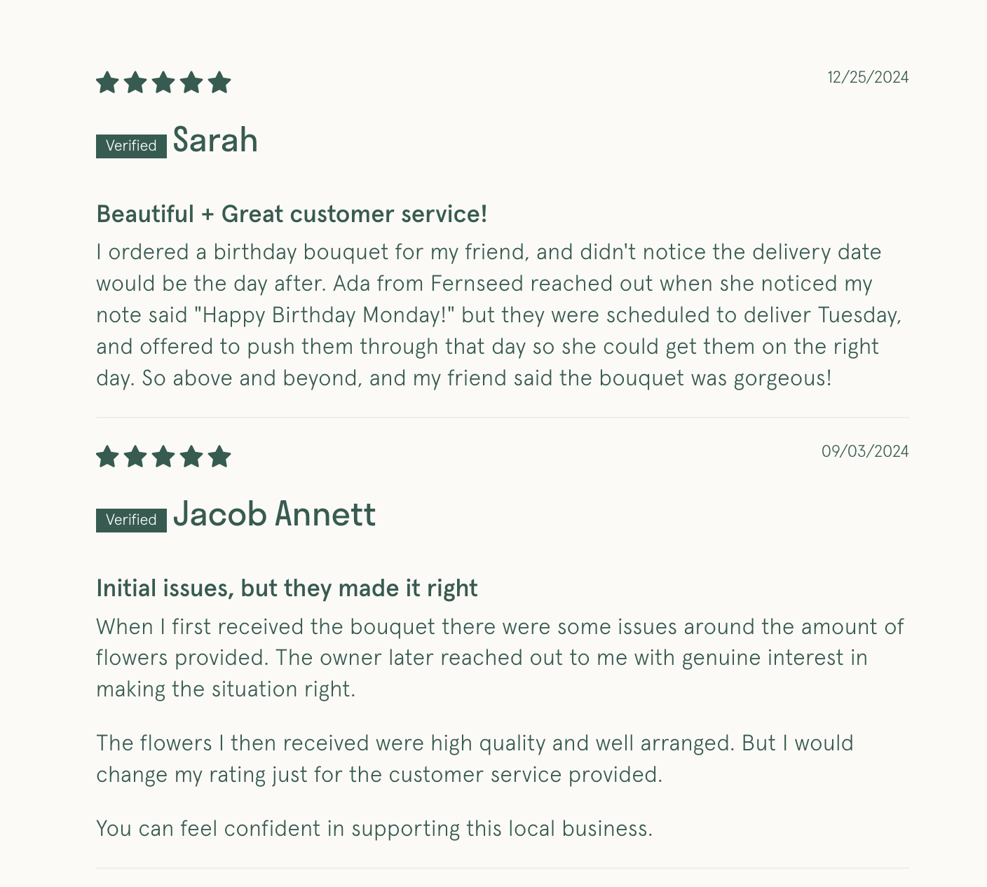 screen shot of 2 five star reviews highlighting great customer service that went above and beyond