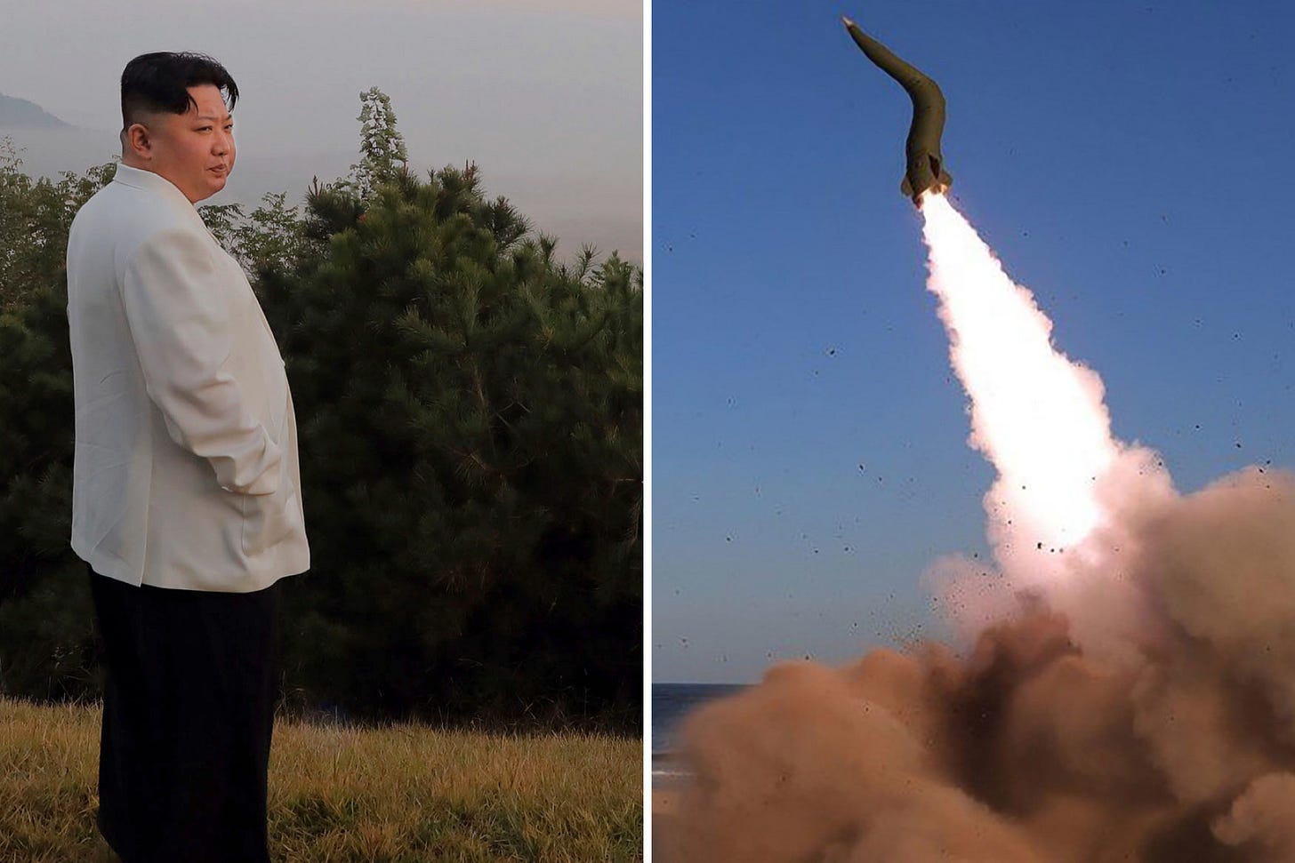 A split photo of North Korean leader Kim Jong Un observing a missile launch from a distance, left, and a closeup of a missile launch, right. A split photo of North Korean leader Kim Jong Un observing a missile launch from a distance, left, and a closeup of a missile launch, right.