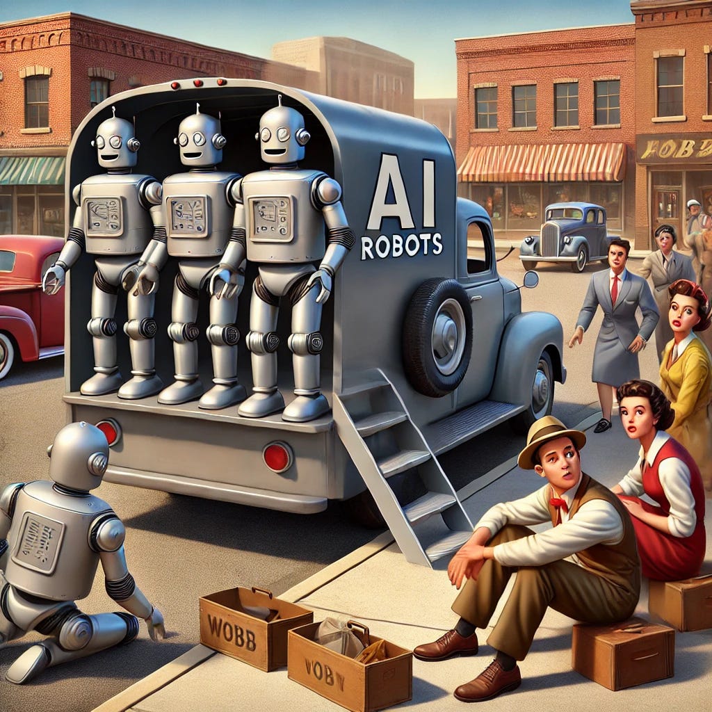 A group of AI robots, designed in a retro 1950s cartoon style, eagerly jumping into the back of a work truck as if heading to a job site. The robots have a sleek, vintage design with metallic bodies and expressive, cheerful faces. Meanwhile, a group of humans, dressed in mid-century attire, sit dejectedly on the curb, looking concerned and unemployed. The scene is set on a classic American street, with vintage cars and storefronts in the background. The color palette is warm and nostalgic, evoking the aesthetic of classic 1950s animation.