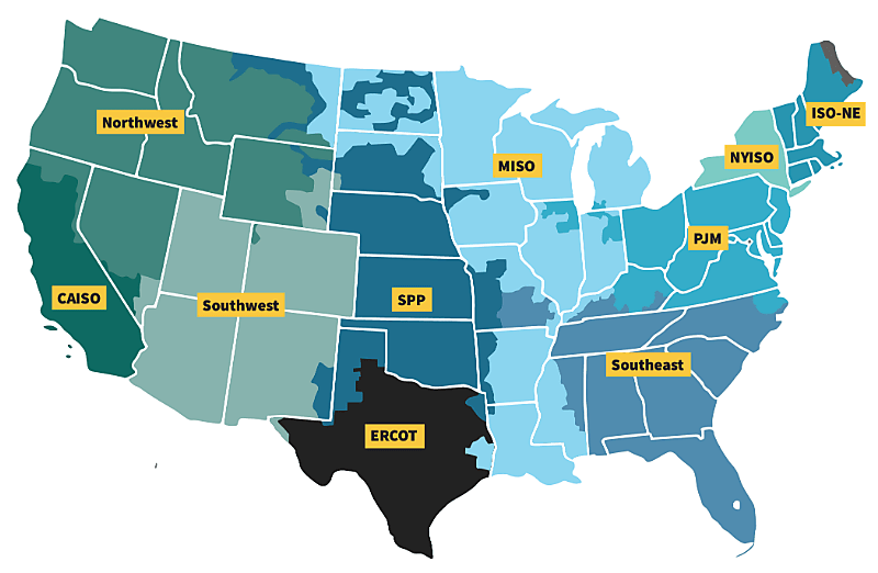 Wholesale electricity market regions of the United States