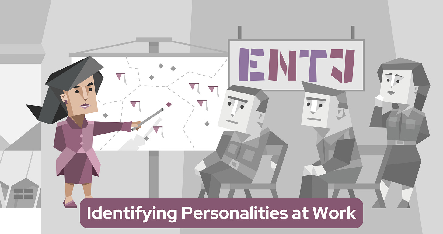 A female ENTJ professional stands in front of a strategic planning board. She wears a purple outfit and is holding a pointer, gesturing towards various diagrams and symbols on the board. Three grayscale colleagues watch attentively, two sitting men and one standing woman. Behind them, the letters "ENTJ" are prominently displayed on a sign. Text in a purple banner reads: Identifying Personalities at Work