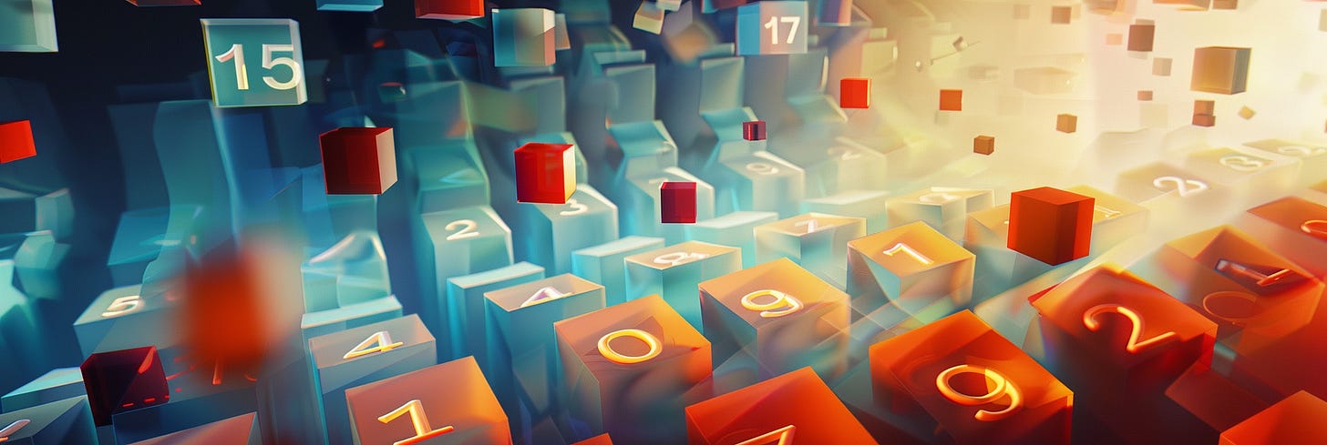 Abstract 3D scene with floating and stacked numbered cubes in shades of blue, red, and orange, set against a glowing background. The cubes, labeled with numbers such as 15, 17, and various single digits, appear to be dynamically arranged, creating a sense of depth and movement.