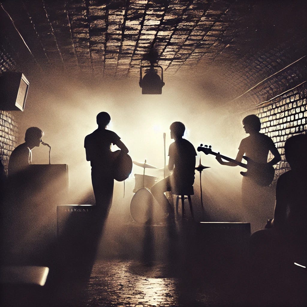 A moody, atmospheric image of four musicians seen from the back as silhouettes, performing in a small, smoky club reminiscent of the Cavern Club in Liverpool during the 1960s. The setting is intimate with low, hazy lighting, brick walls, and faint beams of warm stage light cutting through the smoke. The musicians are playing instruments like a guitar, bass, and drums, evoking the style of early rock and roll bands. The silhouettes are simple but expressive, conveying a sense of timeless musical energy in a vintage club environment.