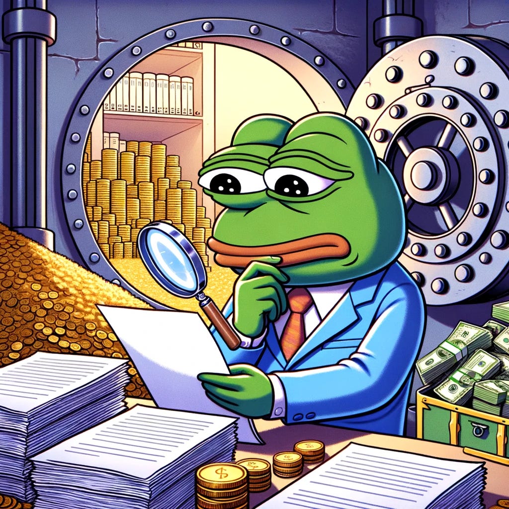 Illustration of Pepe the frog with a contemplative expression, holding a magnifying glass and examining a pile of research papers. The background depicts a vault with stacks of money, gold coins, and a treasure chest full of cash.