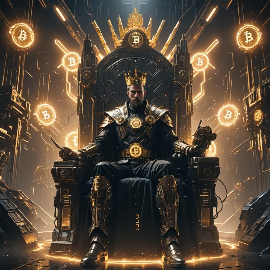 opulent and wealthy cyber king sitting on a throne; a Bitcoin sign on top of it.