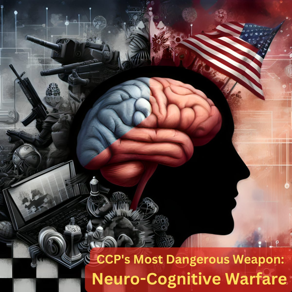 Illustration depicting a human brain with red and blue hemispheres, symbolizing cognitive warfare. Surrounding the brain are images of military technology, surveillance equipment, and an American flag, representing the CCP's use of Neuro-Cognitive Warfare to influence and destabilize Western societies.