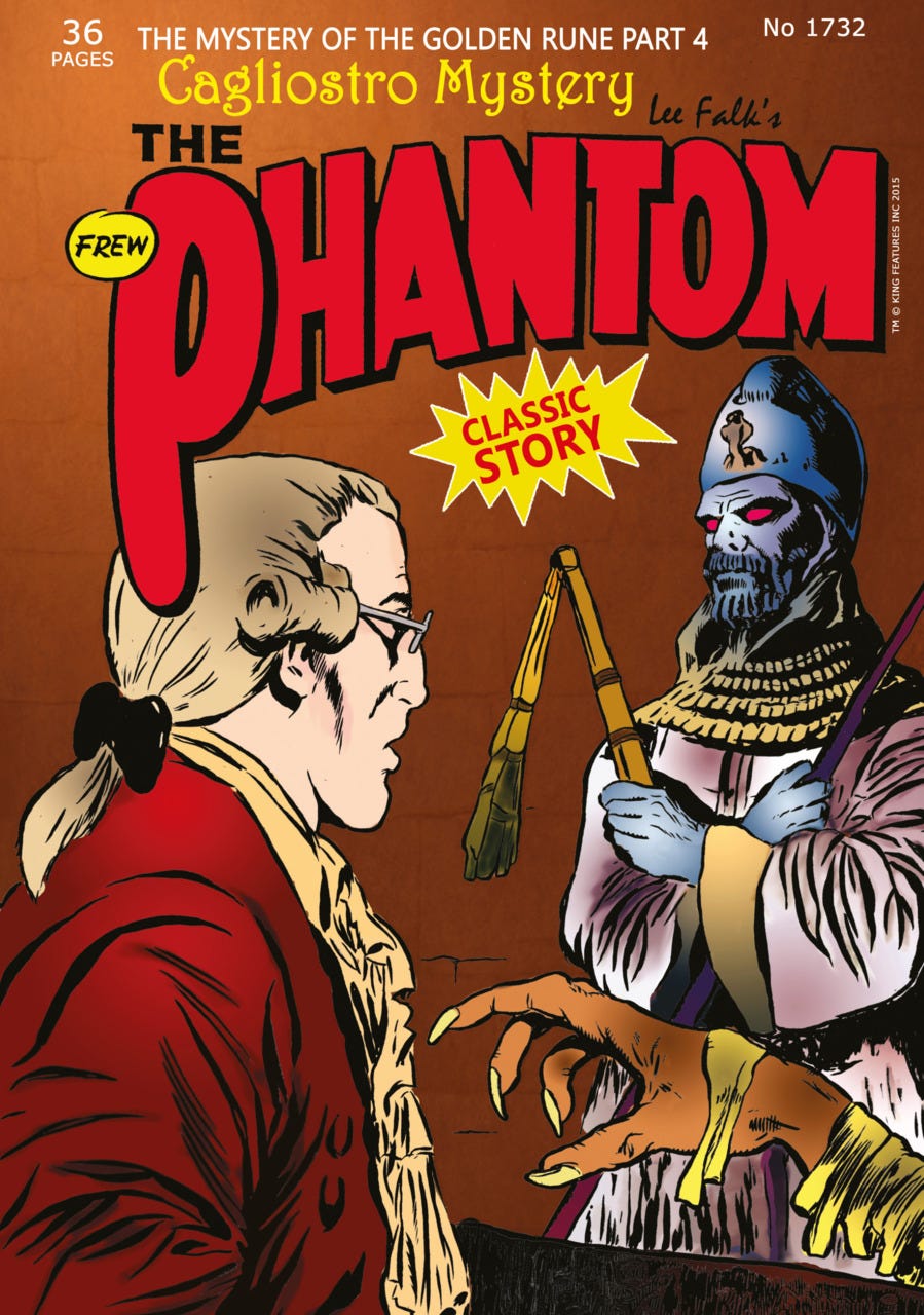 The cover of The Phantom comic book featuring Cagliostro and an Egyptian priest with red eyes!