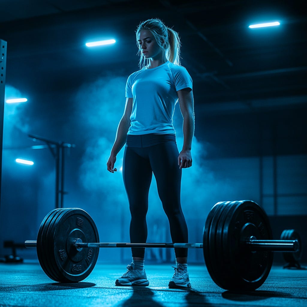 Strong female athlete wearing a light blue t-shirt and black leggings doing a deadlift in the gym.