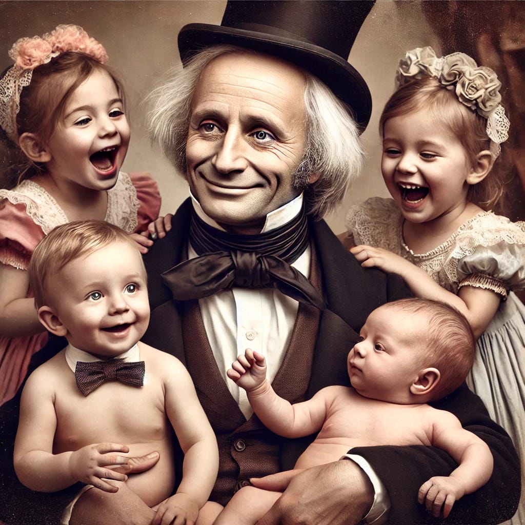 A portrait of philosopher Jeremy Bentham holding twin babies, surrounded by happy, playful children. Bentham has a gentle, smiling expression, wearing 19th-century attire with a bow tie and a top hat. The children around him are laughing and joyful, creating a warm and welcoming atmosphere. The background is softly lit, possibly in a park or a cozy indoor setting with subtle natural colors and vintage decor.