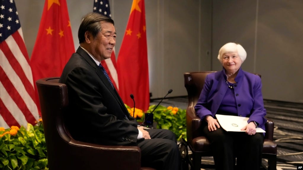 FILE —U.S. Treasury Secretary Janet Yellen, right, meets with Chinese Vice Premier He Lifeng in San Francisco, Nov. 10, 2023. The Economic Working Group the two established to maintain a healthy economic relationship between the two nations met this week in Beijing.