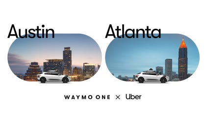 Images of Waymo cars in Austin and Atlanta with logos for Waymo One and Uber