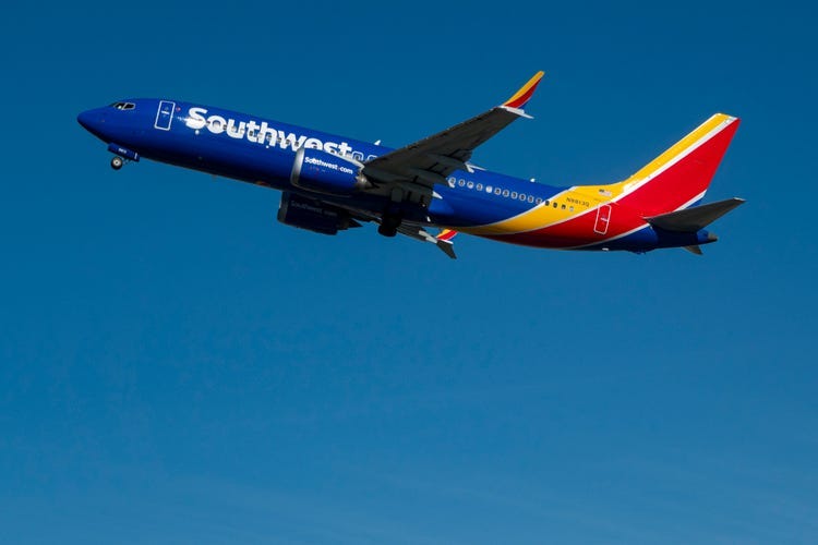 A Southwest Airlines Boeing 737 MAX 8 jet takes departs from San Diego International Airport en route to Denver on January 13, 2024 in San Diego, California.