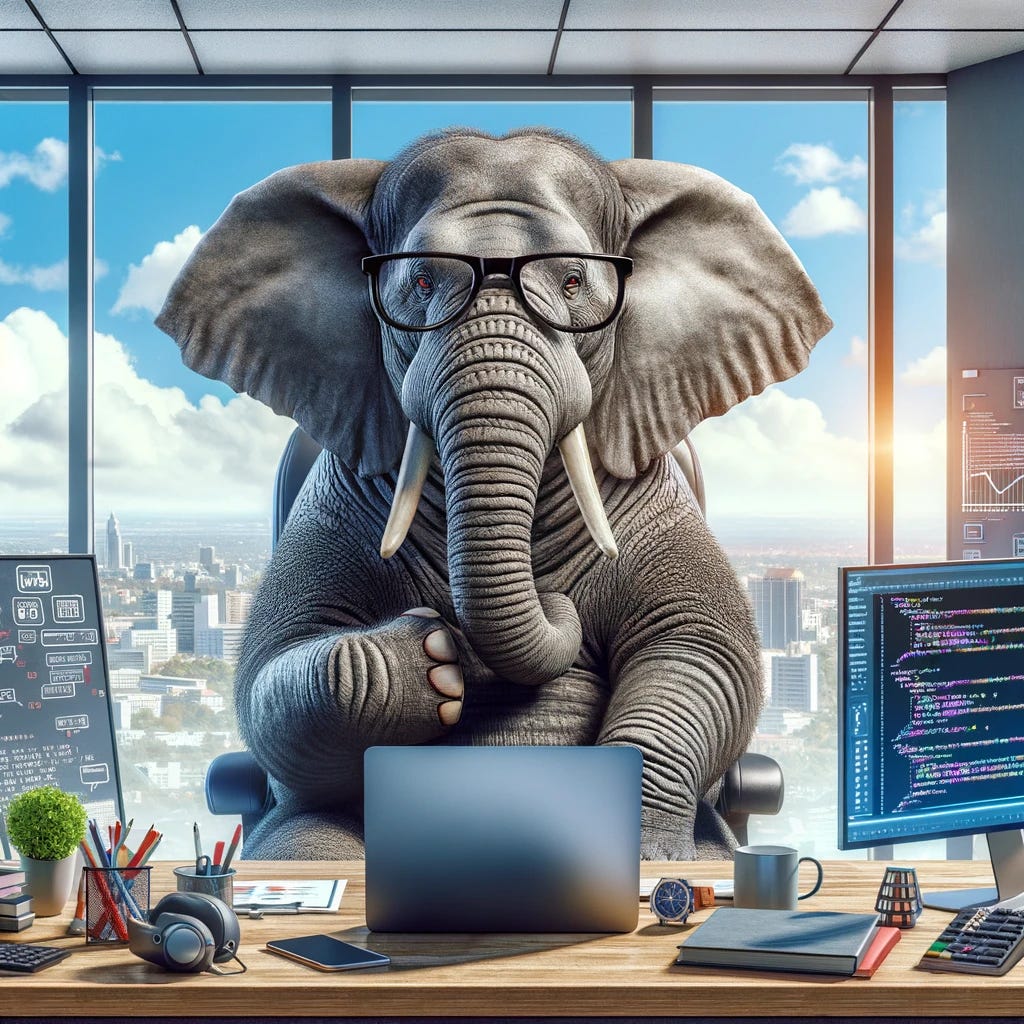 An elephant sitting at a desk, looking thoughtful and wearing glasses, symbolizing a startup CTO. The desk is cluttered with technology gadgets, startup plans, and computer screens displaying code and strategy diagrams. The office has a view of a city skyline, reflecting the high-stakes environment of a startup.