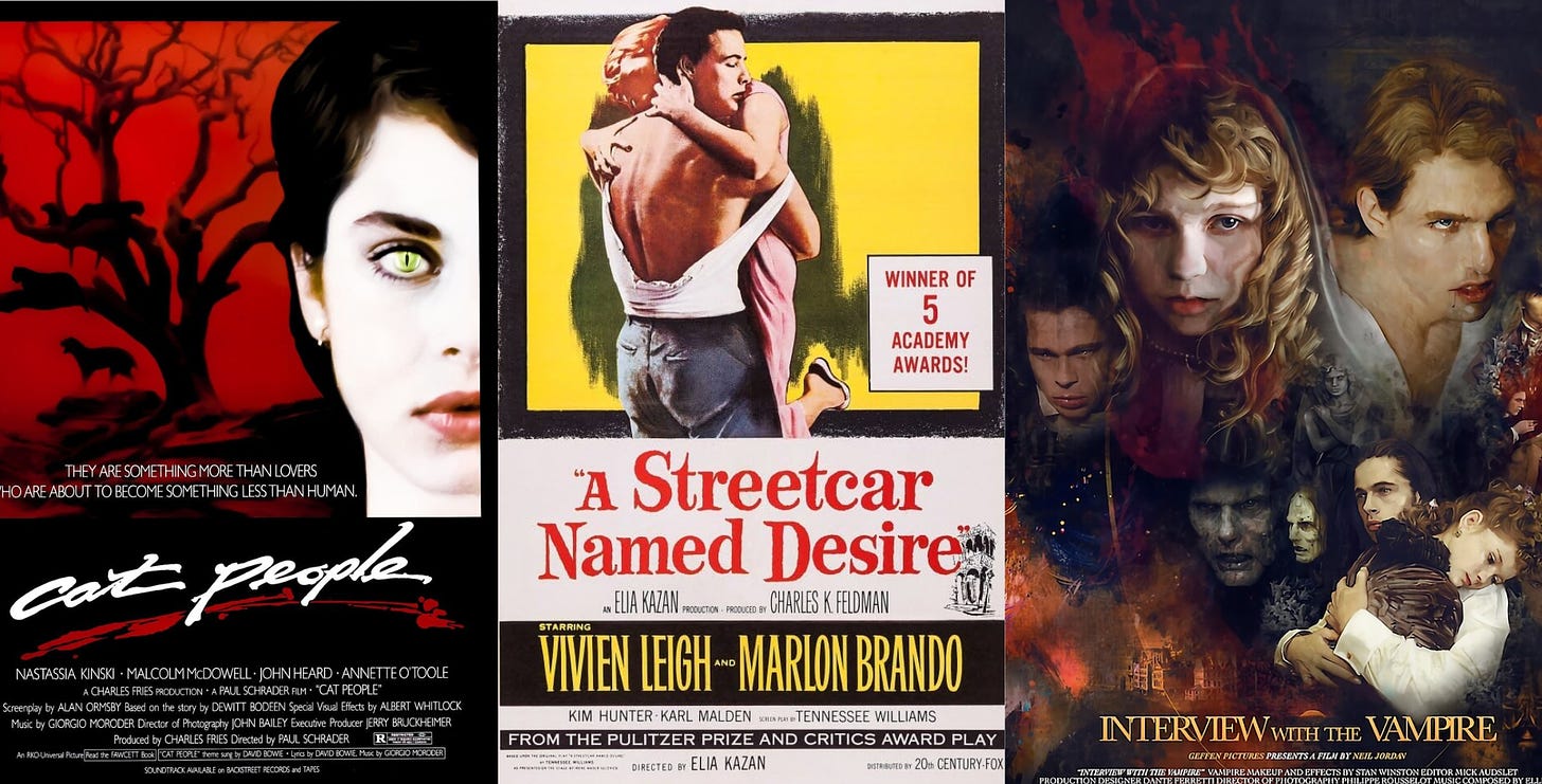 Poster for the films Cat People from 1982, A Streetcar Named Desire, and Interview With the Vampire