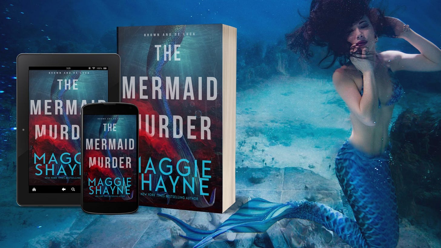 the mermaid murder book on a watery background beside a distressed mermaid