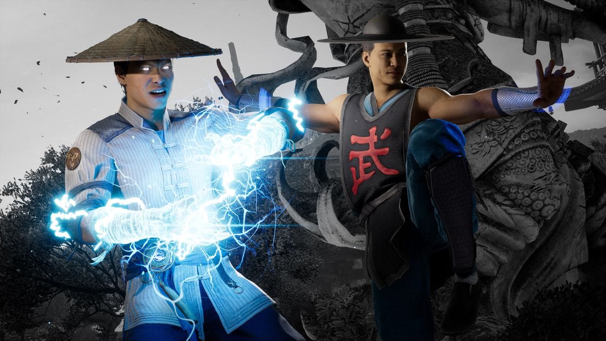 Raiden charges his hands with electricity while Kung Lao poses in a screenshot from Mortal Kombat 1